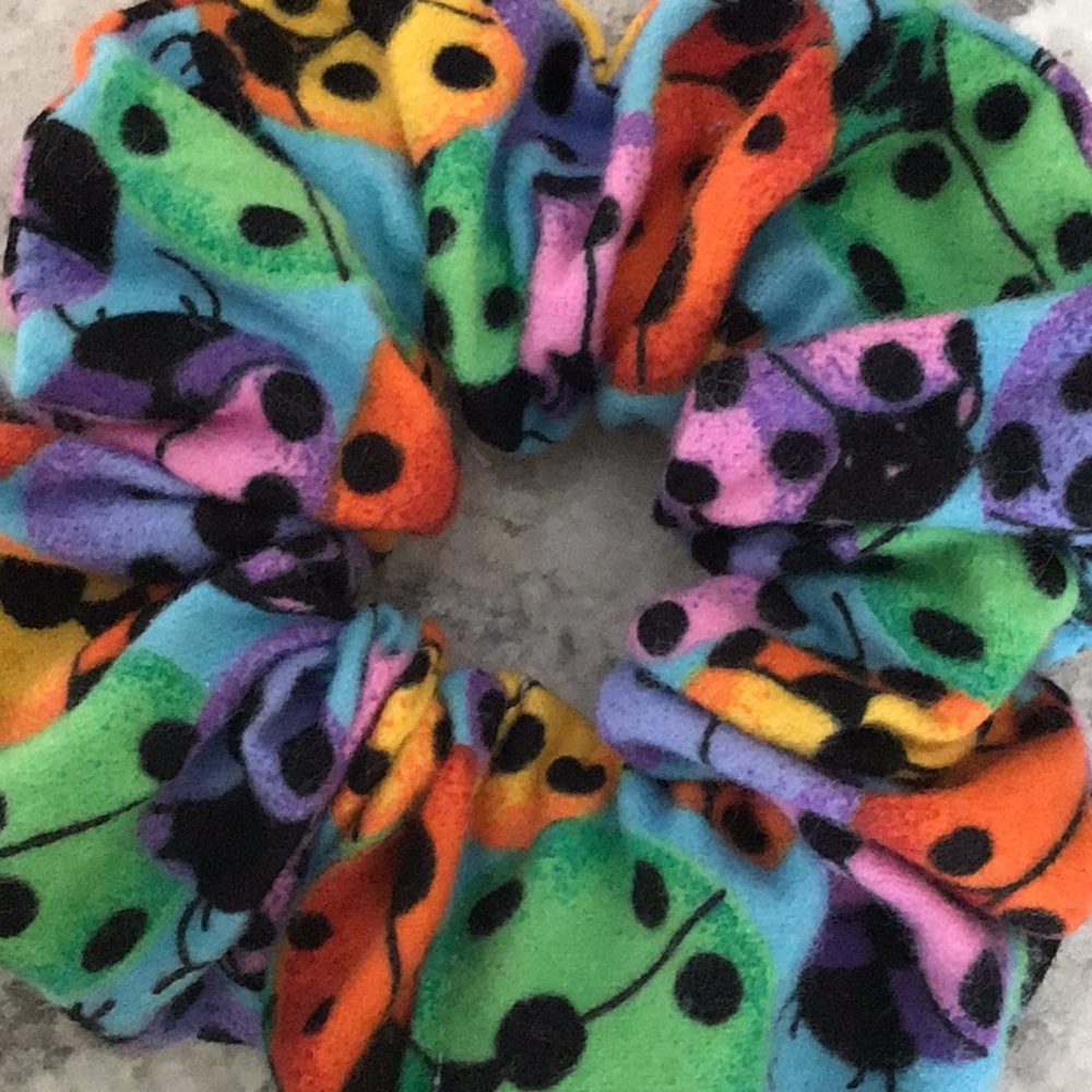 Ladybug purple green yellow orange hair scrunchie